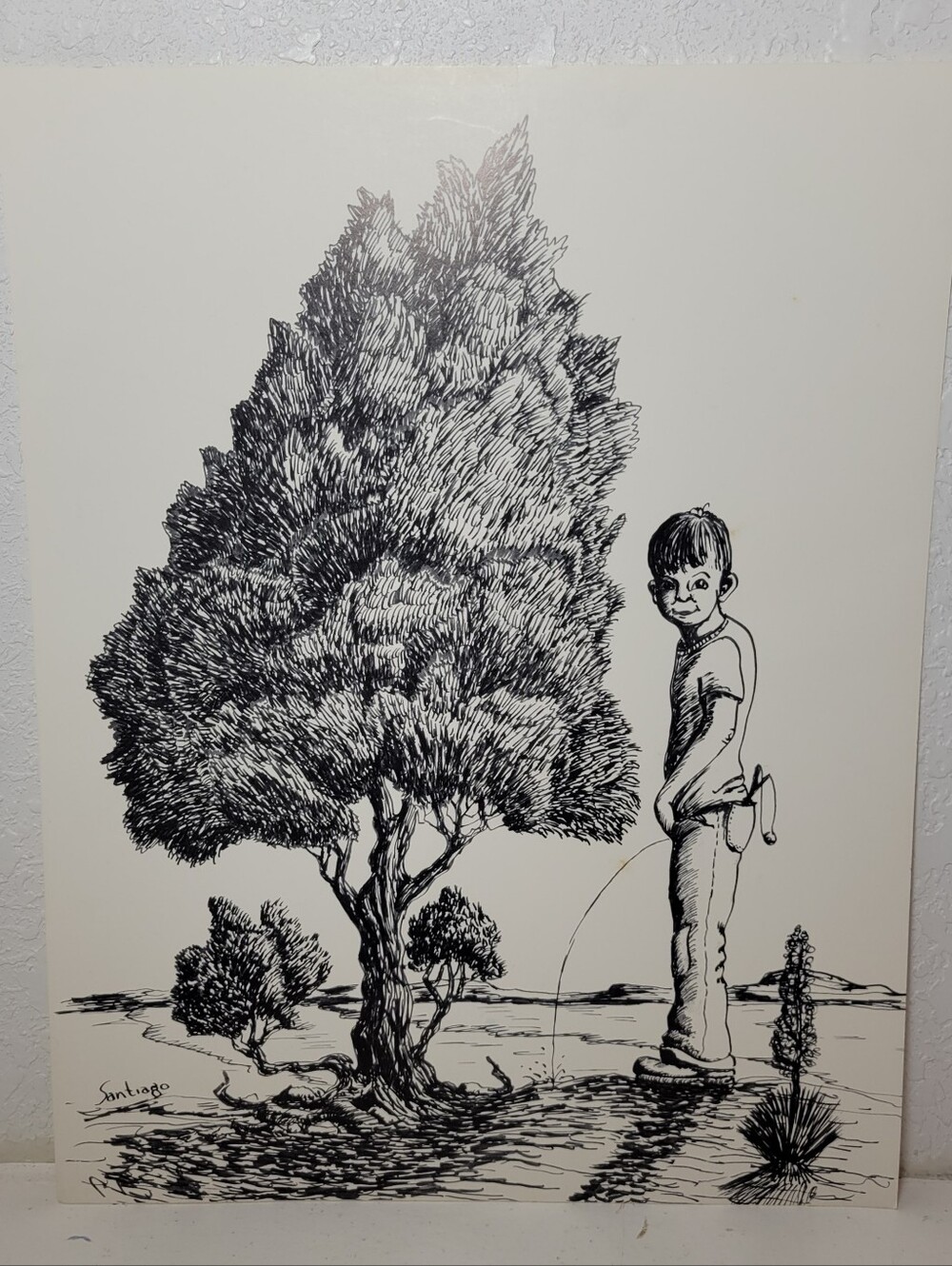 Boy Mom Santiago Signed Original Ink Drawing Boy & Tree Landscape 14x11 Unframed
